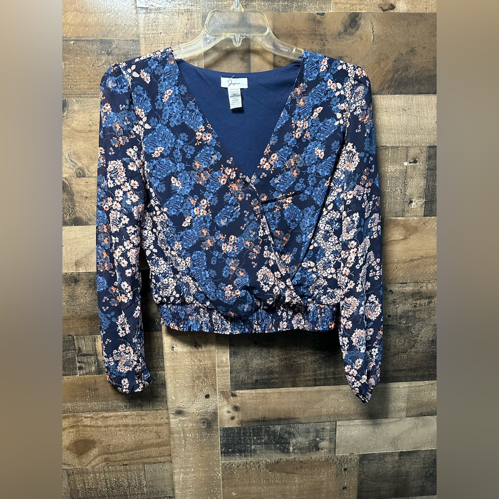 Japan Women’s Multicolor Floral Print V-Neck Long Sleeve Pullover Blouse Size L
